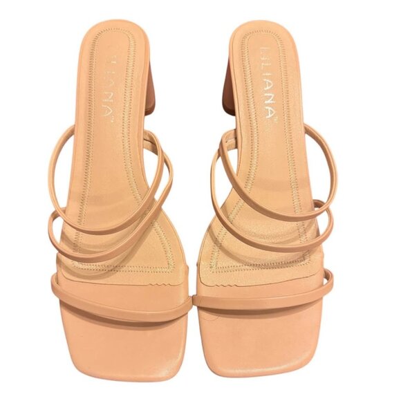 Liliana Women Size 9 Beige Tan Nude Square Toe Strappy Block Heels Sandals - Picture 1 of 10